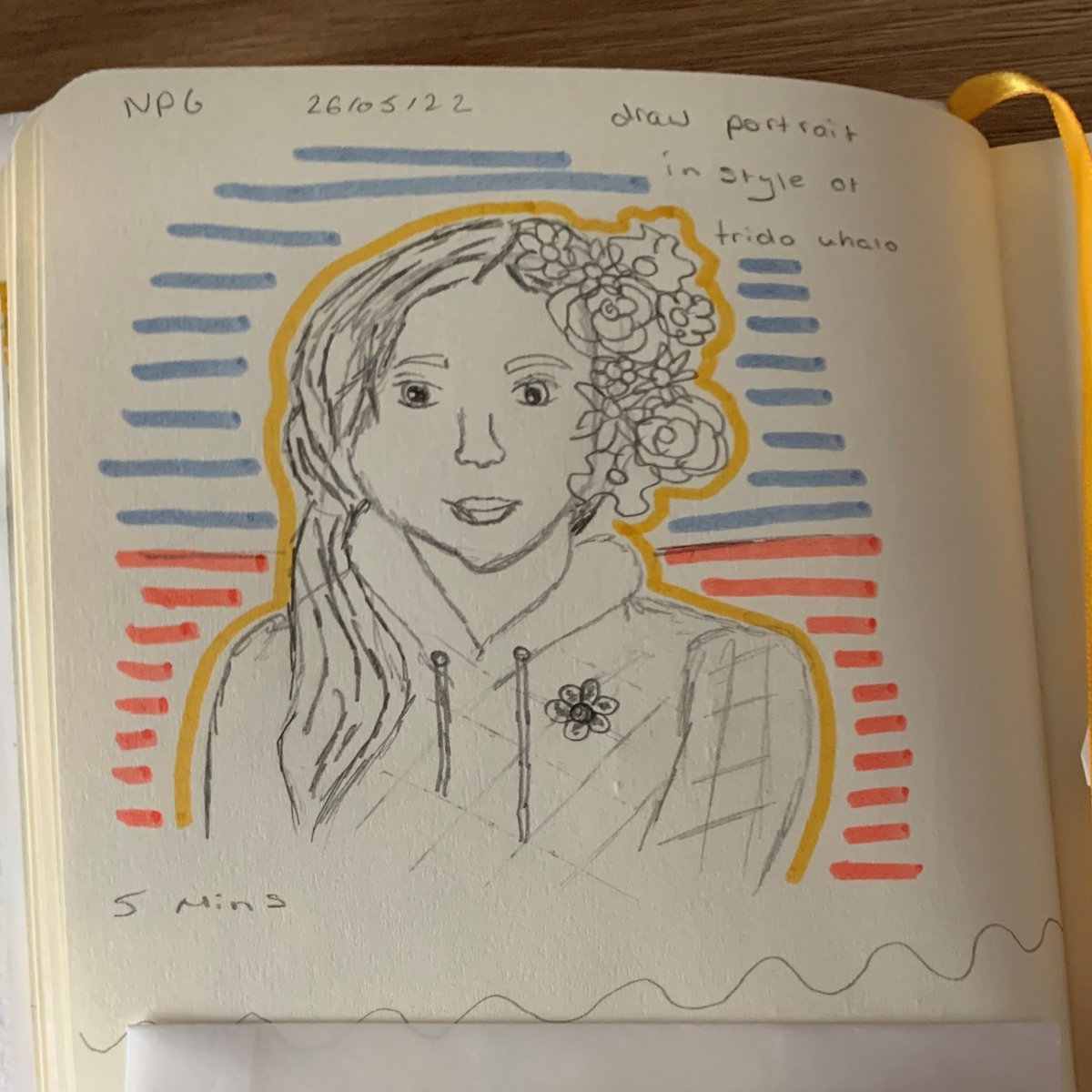 NPGYouth's tweet photo. For this month's Youth Forum meeting we were joined by @SketchAppeal to create experimental self portraits! ✏️⁠
⁠
Here's a wonderful drawing Youth Forum member Hannah made inspired by a photograph of Tracey Emin as Frida Kahlo by Mary McCartney 💐 https://t.co/BPIm2oO8YN