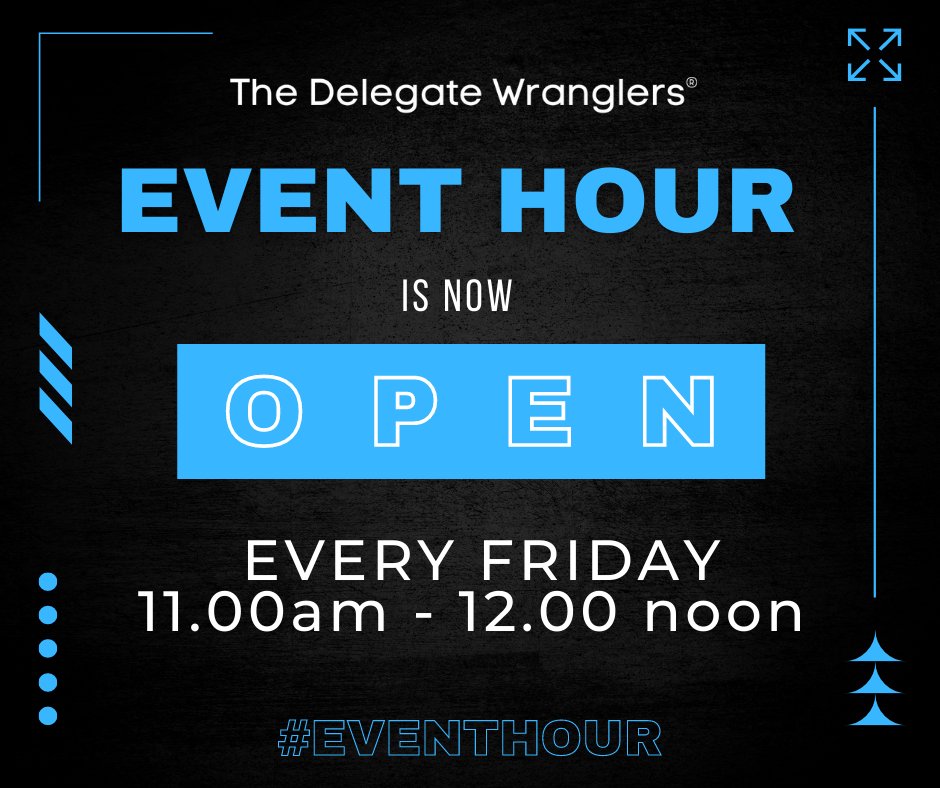 Del_Wranglers's tweet photo. THE EVENT HOUR STARTS NOW &amp; RUNS UNTIL 12:00 noon
If you've got any type of event, showcase, FAM trip, webinar, etc - you can promote it to 1000s of events profs on the DW Facebook group, this and every Friday between 11:00-12:00
> Don't forget to start your post with #eventhour https://t.co/SboViNUgNV