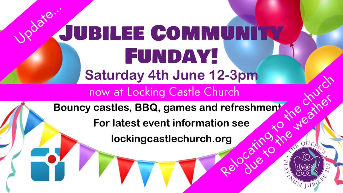 Event update! Sadly the forecast for tomorrow is now rain, gusty winds and a yellow warning of thunderstorms in N. Somerset, so we've decided to relocate indoors to Locking Castle Church.
We still have inflatables, Toddler zone, BBQ, candyfloss, cream teas, crafts &amp; games. Enjoy!