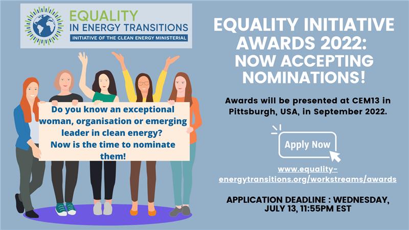 Clean Energy Ministerial (CEM) (@cemsecretariat) on Twitter photo Now is your chance to recognise those advancing the role of #WomenInCleanEnergy! An exceptional woman, emerging leader or organisation. Nominations are open for the <a href="/Equality_Energy/">Equality Initiative</a> awards organised by <a href="/NRCan/">Natural Resources</a> and <a href="/WiRE_Canada/">Women in Renewable Energy</a>, to be announced at #CEM13 in Pittsburgh. Apply now! Now is your chance to recognise those advancing the role of #WomenInCleanEnergy! An exceptional woman, emerging leader or organisation. Nominations are open for the <a href="/Equality_Energy/">Equality Initiative</a> awards organised by <a href="/NRCan/">Natural Resources</a> and <a href="/WiRE_Canada/">Women in Renewable Energy</a>, to be announced at #CEM13 in Pittsburgh. Apply now!