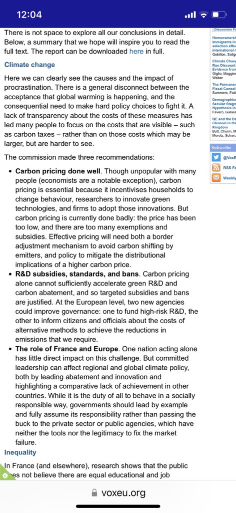 Recommendations on climate change action in Blanchard/Tirole report on major challenges for the global economy, lead authors @MarReguant & @CGollier, #CEPRParisSymposium voxeu.org/article/major-…