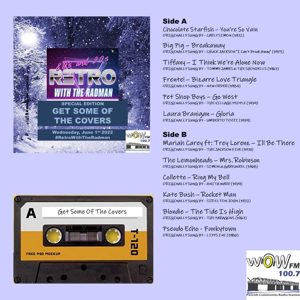 RetroWithTheRad's tweet photo. THE SPECIAL MIX TAPE - Wednesday, June 1st 2022
GET SOME OF THE COVERS

Here is the list of songs we played on this week's Mix Tape on Retro with the Radman.

Our next show will be Wednesday, June 15th @ 7:30pm AEST.

#RetroWithTheRadman https://t.co/zzMIJwaLL4