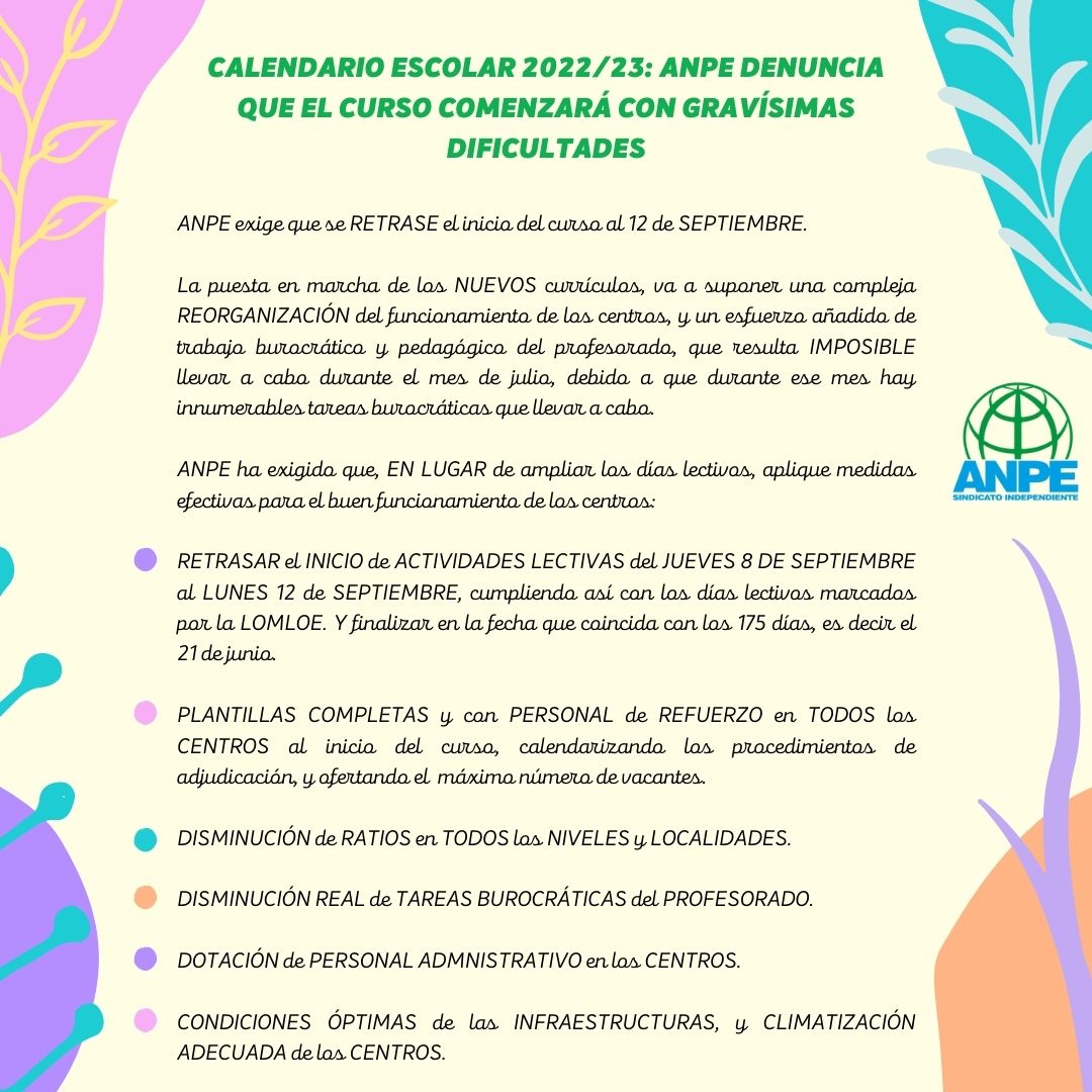 ‼️⚠️CALENDARIO ESCOLAR 2022/23: ANPE DENUNCIA QUE EL CURSO COMENZARÁ CON GRAVÍSIMAS DIFICULTADES

🟢 Lee la noticia completa:
anpecomunidadvalenciana.es/notices/167802