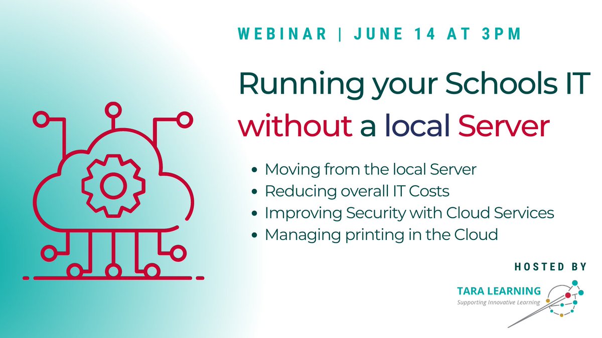 tara_learning_'s tweet photo. We believe that schools can run their entire IT infrastructure without a local school server. Join our webinar and learn how to switch to the cloud.
Register here: https://t.co/F4ysgIqNJN https://t.co/A0TwShNG8K
