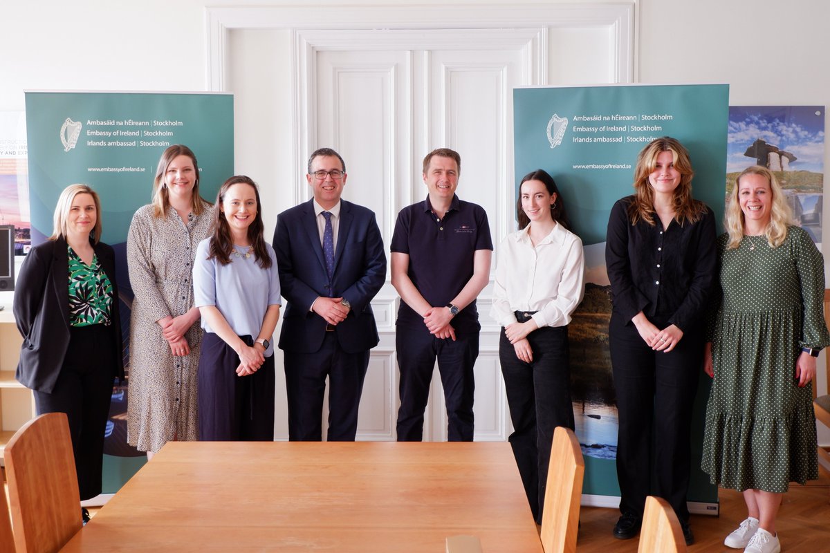 This morning, the Embassy and <a href="/EI_nordics/">EI Nordics</a> colleagues were delighted to welcome Minister of State <a href="/JamesBrowneTD/">James Browne TD</a> at Ireland House in Stockholm. A great opportunity for #TeamIreland to update the minister on the implementation of Ireland's Nordic Strategy and #working4IRL 🇮🇪