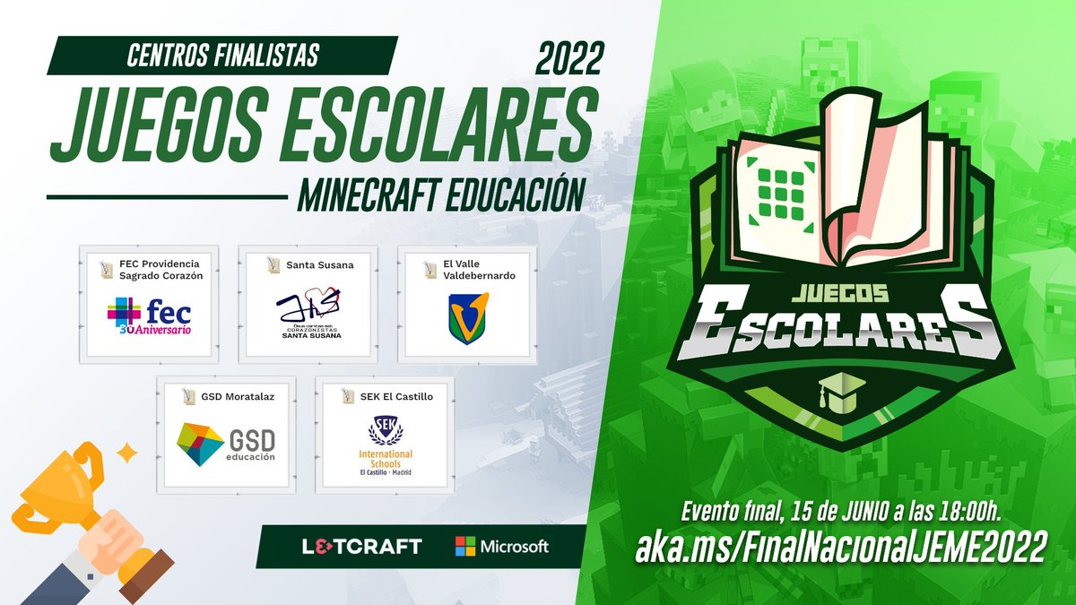 L3TCRAFT_EDU's tweet photo. 🏆¡Ya tenemos a los cinco coles clasificados para la Final de JEME! 

🔸@ColeSantaSusana
🔸@SekElCastillo
🔸@ColegiosElValle (Valdebernardo)
🔸@gredossandiego (Moratalaz)
🔸@fecpsc @colegiosfec

🎉ENHORABUENA🎉

¡Mucha suerte en la Final! #JEME2022 🍀 https://t.co/a6jimKBqak