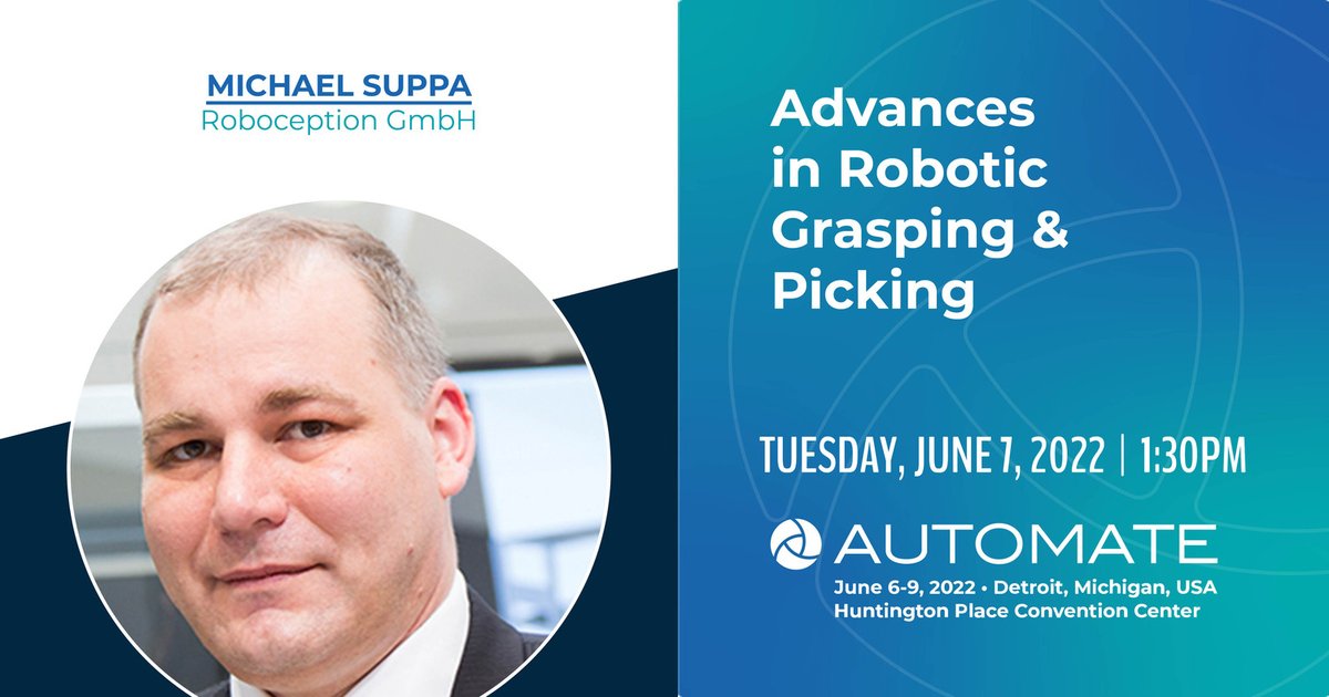 roboceptionGmbH's tweet image. Attending #AutomateShow in Detroit next week?
Do try and stop by for the session on Advances in Robotic Grasping &amp;amp; Picking with contributions from @FANUCAmerica, @Siemens, @zividlabs   and @AperaAI  of course Roboception&apos;s very own CEO Michael Suppa.
#robotvision #automation