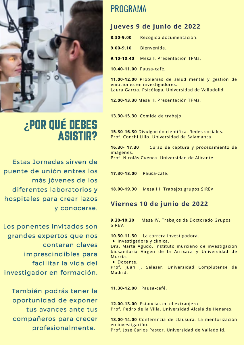 🚨ÚLTIMOS DÍAS PARA INSCRIBIRSE EN LA PRIMERA JORNADA DE JÓVENES INVESTIGADORES SIREV 2022🚨

CUOTA DE INSCRIPCIÓN
Gratis para miembros SIREV
40€ para no miembros SIREV

¡APÚNTATE!

✍️Envía un mensaje solicitando la inscripción a la siguiente dirección: sirev@ucm.es