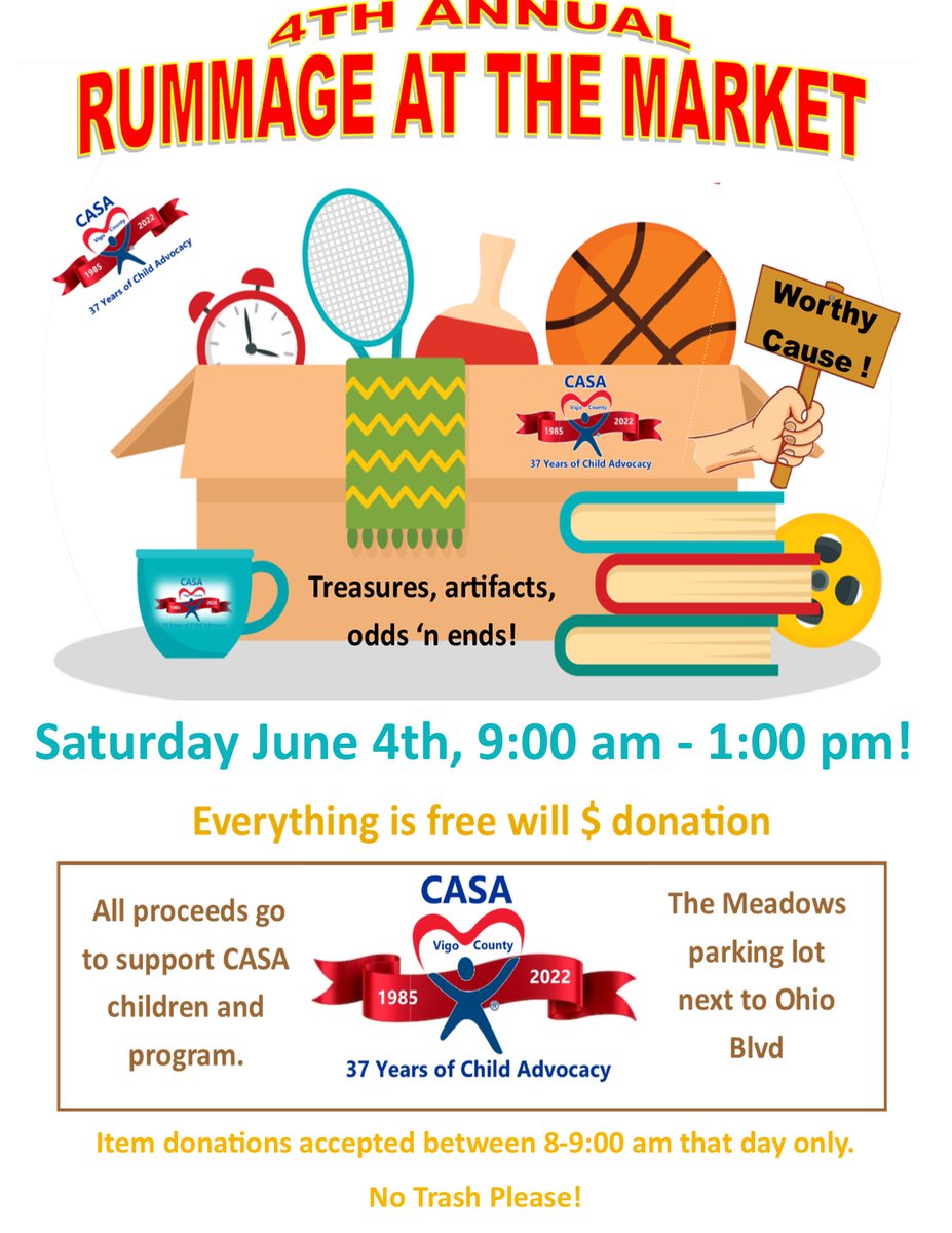 Vigo_CASA's tweet photo. 1 DAY LEFT!!!! Our Rummage Sale is this Saturday at the Meadows parking lot from 9 am - 1 pm! We hope to see you there!!! https://t.co/vc5y3vMtLA