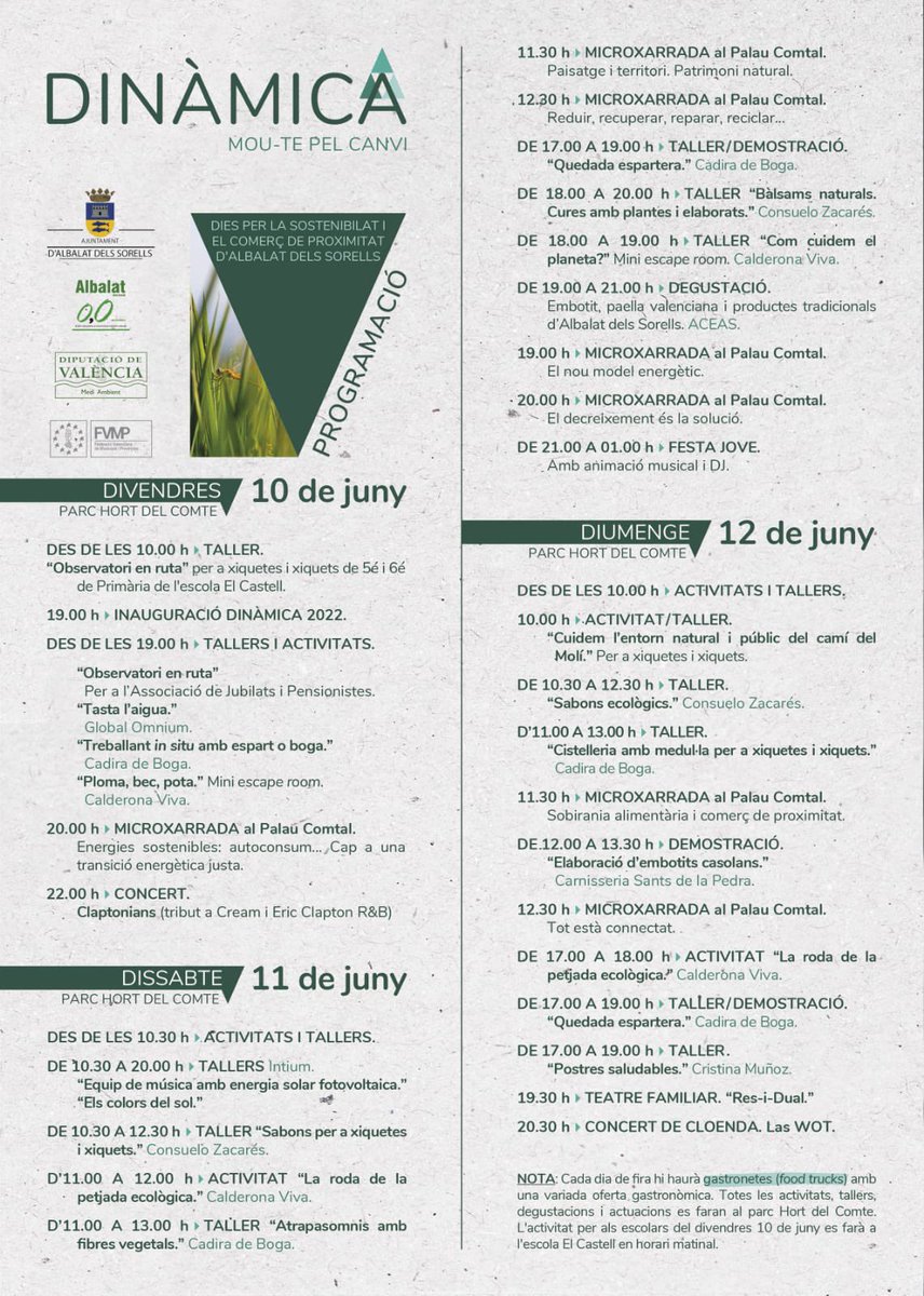 Ací teniu la programació de #Dinàmica 2022. 

Els dies 10, 11 i 12 no vos ho podeu perdre. 
Dies per la sostenibilitat i el comerç local d’#AlbalatdelsSorells

<a href="/AyunAlbalatSore/">AyunAlbalatSorells</a> 
<a href="/GlobalOmnium/">Global Omnium</a> 
@CalderonaViva 
<a href="/alternacoop/">AlternaCoop</a> 
<a href="/sapiensenergia/">Sapiens Energía</a>