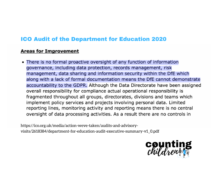 CountChildrenUK's tweet photo. Read it and weep. Should the DfE be allowed to do real-time pupil data collection at national level? Or get away with another unnecessary, execssive data grab in the #SchoolsBill #Clause48?

"The DfE cannot demonstrate accountability".

The @ICOnews audit https://t.co/HcGC94j7lb https://t.co/QnhxxFN8bX