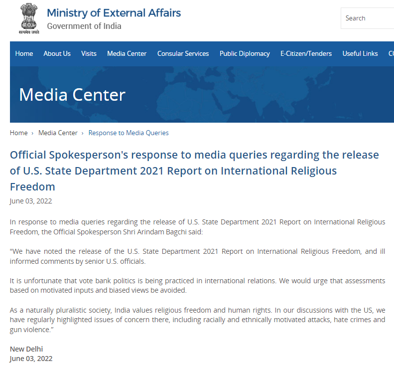 ANI's tweet photo. We've noted release of US State Dept 2021 Report on Int'l Religious Freedom &amp; ill informed comments by senior US officials. Unfortunate that vote bank politics is being practiced in int'l relations. We'd urge that assessments based on motivated inputs&amp;biased views be avoided: MEA https://t.co/dI1s4BCX6p