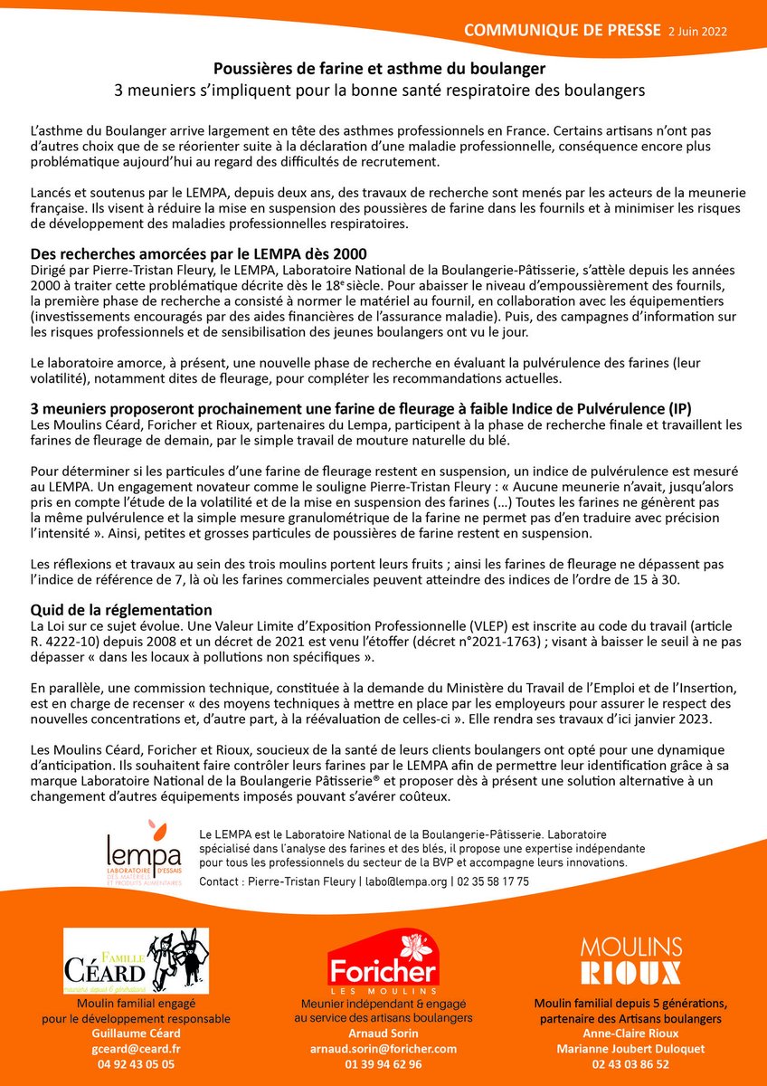 COMMUNIQUE DE PRESSE
Poussières de farine et asthme du boulanger
3 #meuniers s’impliquent pour la bonne santé respiratoire des #boulangers et proposeront prochainement une #farine de fleurage à faible Indice de Pulvérulence (IP)
Merci Arnaud Sorin, Pierre-Tristan Fleury #LEMPA