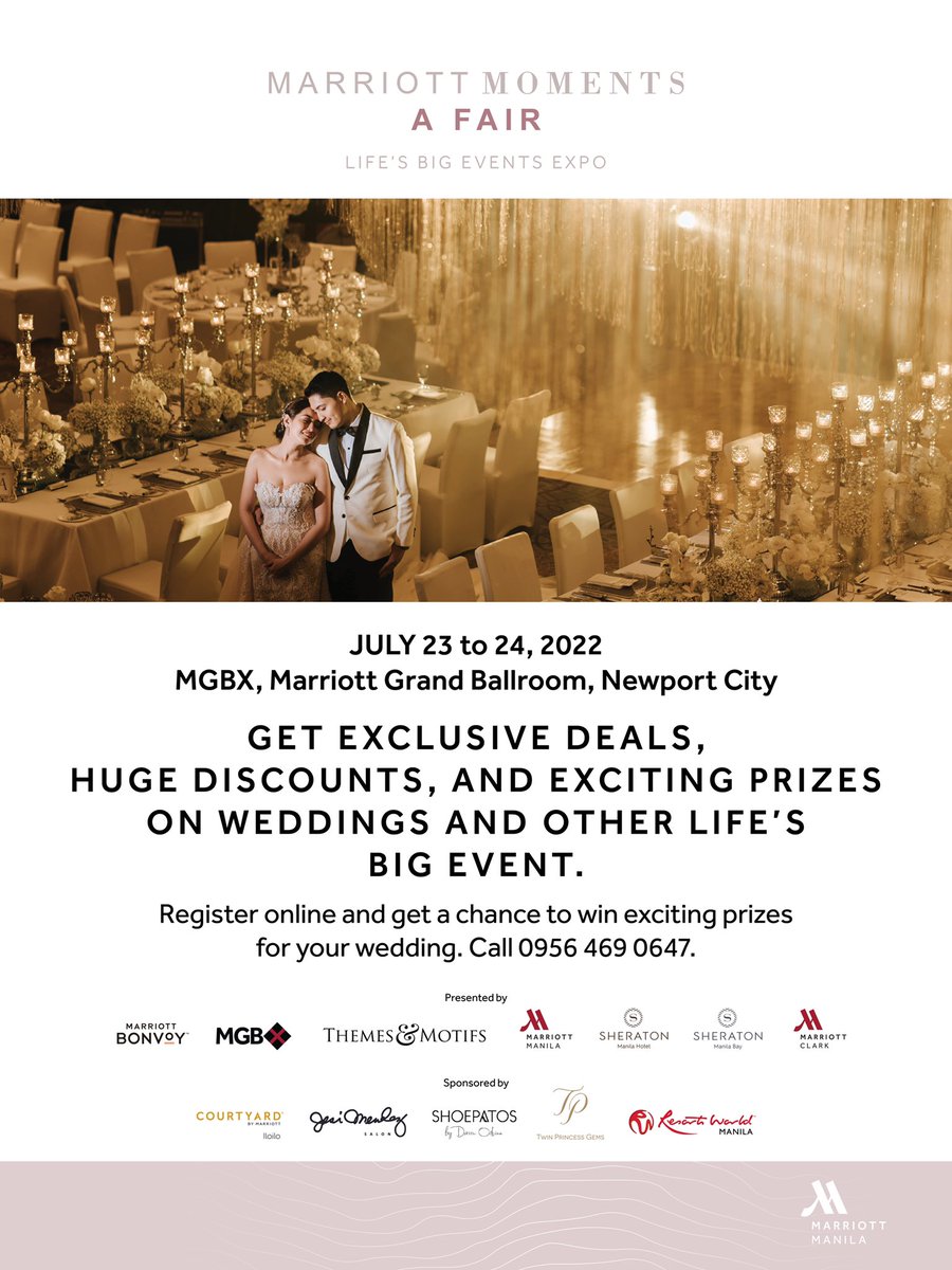 The first and most-awaited life’s big events expo is here, happening in the newest convention hall of Marriott Hotel Manila—MGBX and in partnership with Themes and Motifs. Mark your calendars for Marriott Moments A Fair - Life’s Big Events Expo on July 23 to 24.