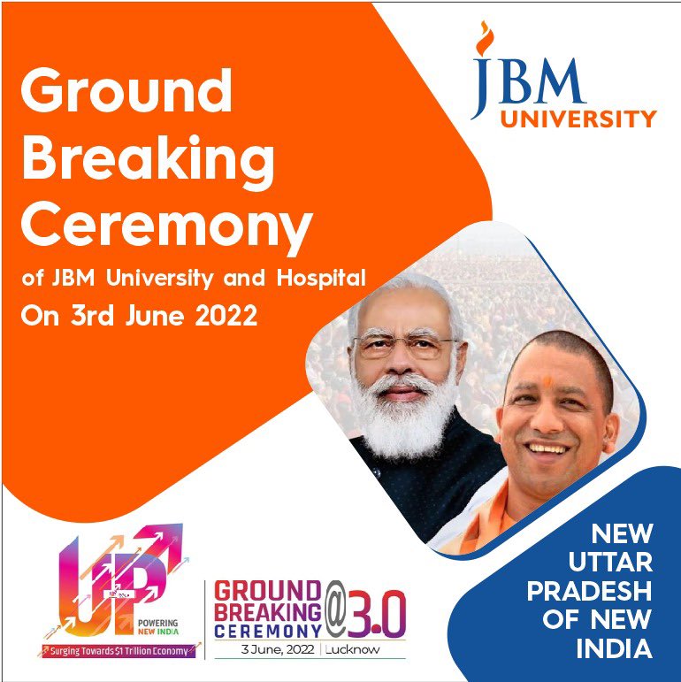 JBMUniversity's tweet photo. It’s matter of great elation &amp; honor that Ground Breaking Ceremony of JBM University &amp; Hospital by Sri @narendramodi was held on 3 Jun @ Lucknow in presence of @myogiadityanath 
Sri Gurudutt Arora &amp; Shri Yogesh Arora, JBM Group were overwhelmed to be a part of this ceremony #GBC3 https://t.co/q8frGt0YYQ