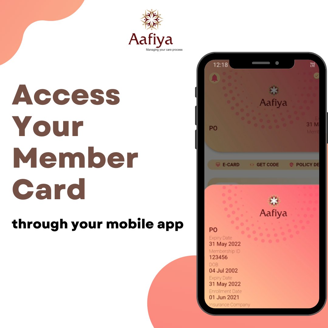 Gone are the days when you had to carry the physical member card. 
Download the #AafiyaMobileApp and show the #Ecard whenever you visit a health care facility.

#Ecard #Digital #mobileapp #CustomerExperience #Enhance