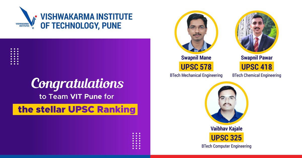 Team VIT Pune is proud to share the stellar UPSC Ranking!

#UPSCRanking #vitpune #engineering #engineeringstudentslife #informationtechnology #punekars #punediaries #puneengineering #pune #punecity #engineeringcolleges #engineeringstudents #EngineeringInstitute #puneuniversites