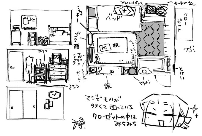 めっちゃ今更ですが金曜日のベイビーヴァイオレット9話の村崎の部屋のざっくりした設定ですわ〜
モノクロだからわかんないけど多分赤が差し色のいい感じの部屋ですわ〜普段はもっとそれなりに散らかってますわ〜 