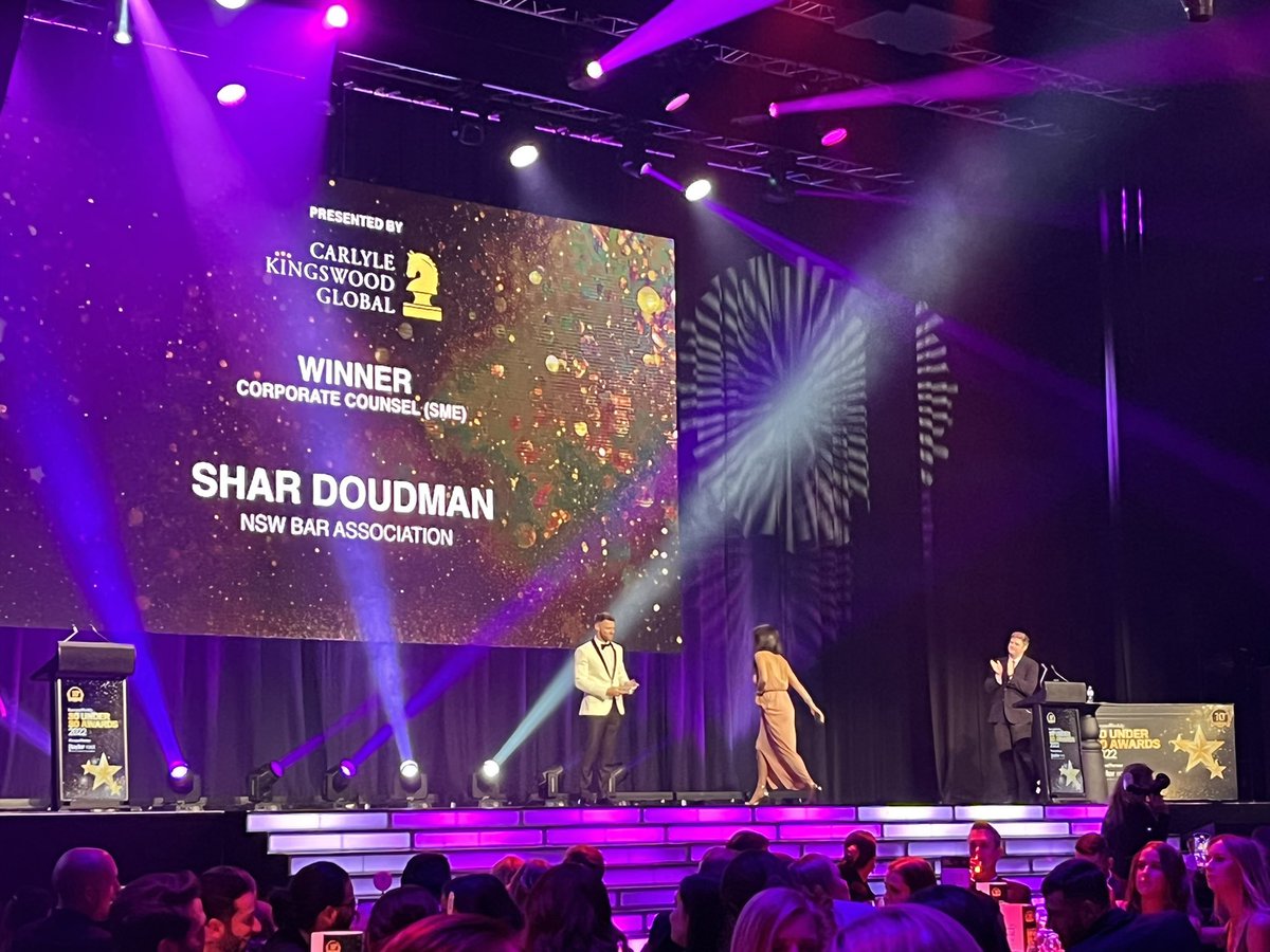 LawyersWeekly's tweet photo. And the winner of the Corporate Counsel (SME) award is... Shar Doudman of the NSW Bar Association. Congratulations! #lawyersweekly #30under30awards https://t.co/zpND9kQwoM