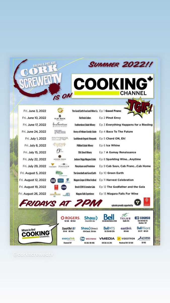 #CorkScrewed will be airing all summer long  Fridays at 7pm on the Cooking Channel Canada! Tune in for wine insights and a few laughs to get your weekends going!  #corkscrewedtv #wine #niagarawine #vqa #wineshow #wineandfood #winepairings #wineeducation