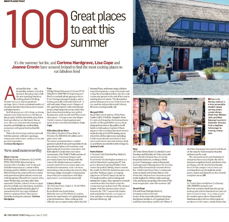 Delighted to see <a href="/Orwellroadrest/">Orwell road restaurant</a> amongst 100 Great Places to Eat this summer. And in such great company too! 👏 Big thanks to @corinnahardgrave &amp; all the team <a href="/irishtimesnews/">Irish Times News</a> &amp; massive congrats to our extended family in Rathgar! 🎉 Have a lovely sunny #bankholidayweekend! xx 😘