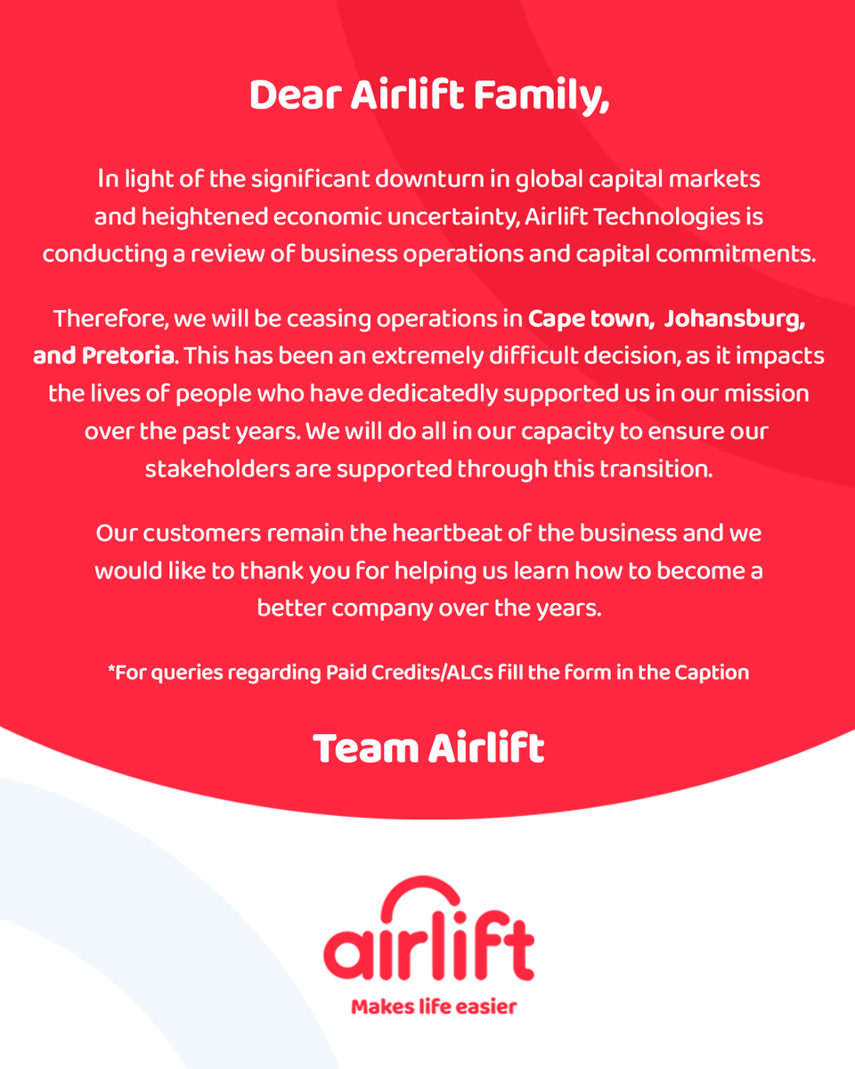 *Any customer who believes they are entitled to claims against the former entity (Airlift South Africa), please fill out the following form: link.airliftexpress.com/e/yLBDQeJyyqb
within the next 30 days.