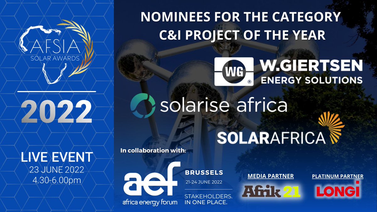 🎉 AFSIA Awards Nominees announced!

AFSIA is delighted to announce the 3 nominees for the C&amp;I Project of the Year! 

Congratulations to Solarise Africa, W. Giertsen Energy Solutions, <a href="/SolarAfricaSA/">SolarAfrica</a> 

Join us on June 23rd to discover the winner!

For more: afsiasolar.com/nominees-for-t…