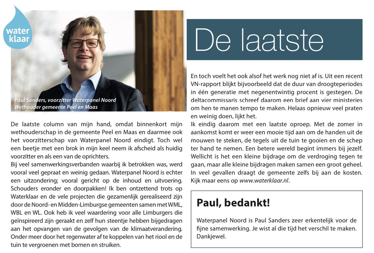 Waterpanel Noord (@waterpanelnoord) on Twitter photo “De laatste” van <a href="/2_PaulSanders/">Paul Sanders</a> in <a href="/NR1Exclusief/">Nummer1 Exclusief</a>. Na vier jaar als voorzitter verlaat hij #WaterpanelNoord. “Het werk is nog niet af.”
#Waterklaar #Klimaatverandering “De laatste” van <a href="/2_PaulSanders/">Paul Sanders</a> in <a href="/NR1Exclusief/">Nummer1 Exclusief</a>. Na vier jaar als voorzitter verlaat hij #WaterpanelNoord. “Het werk is nog niet af.”
#Waterklaar #Klimaatverandering
