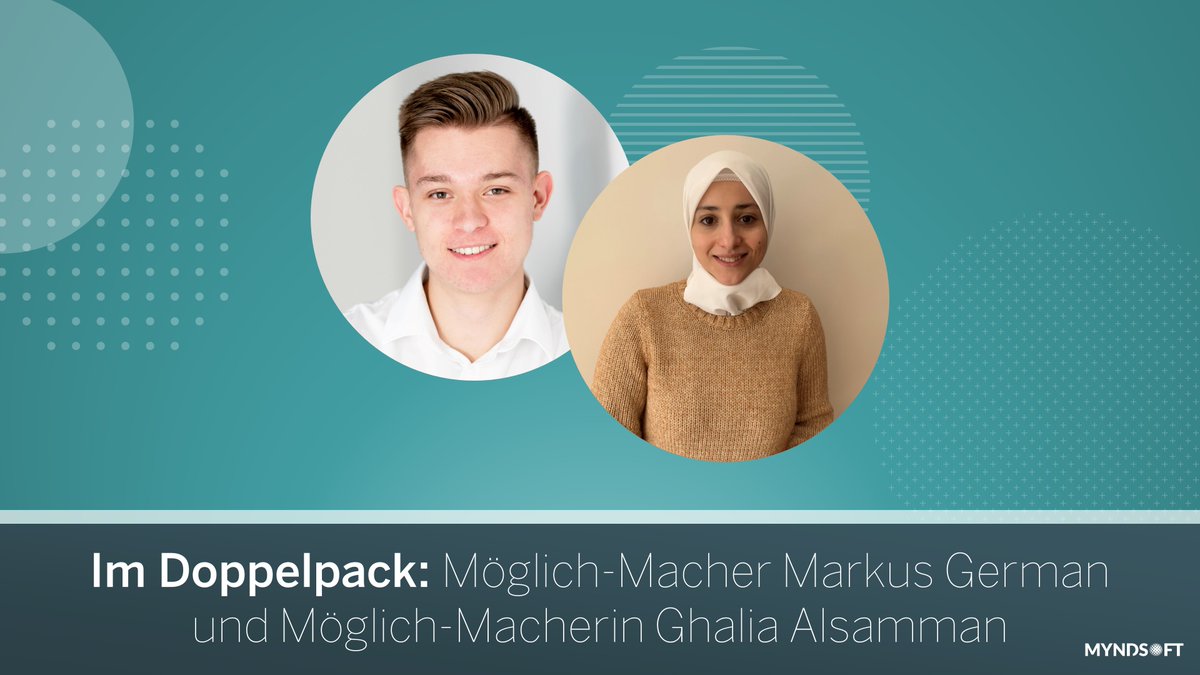 Im Doppelpack: Möglich-Macher Markus German und Möglich-Macherin Ghalia Alsamman

Ghalia Alsamman wird uns ab sofort als Softwareentwicklerin unterstützen. Zum anderen feiern wir mit Markus German die bestandene Abschlussprüfung zum Fachinformatiker für Anwendungsentwicklung.