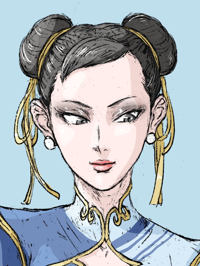 chun-li 1girl solo double bun hair bun jewelry earrings chinese clothes  illustration images