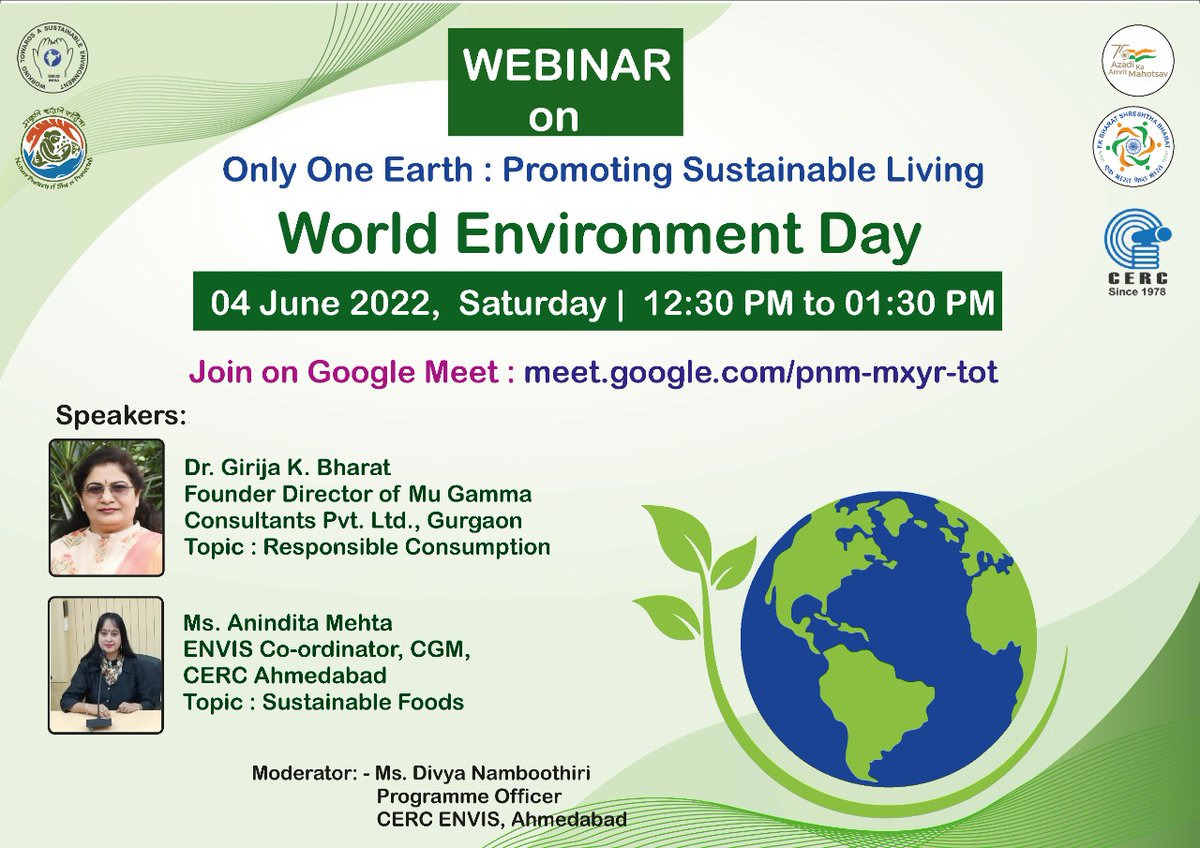 gamma_mu's tweet photo. MGC is happy to be a part of the webinar "Only One Earth: Promoting Sustainable Living" organised by @cerc_envis on #WorldEnvironmentDay2022
On 04.06.22 from 12.30PM - 1.30PM
Click on the link to join the webinar: https://t.co/UHiEFWhGbO
 #OnlyOneEarth  #WorldFoodSafetyDay https://t.co/jGyuy7XpTz