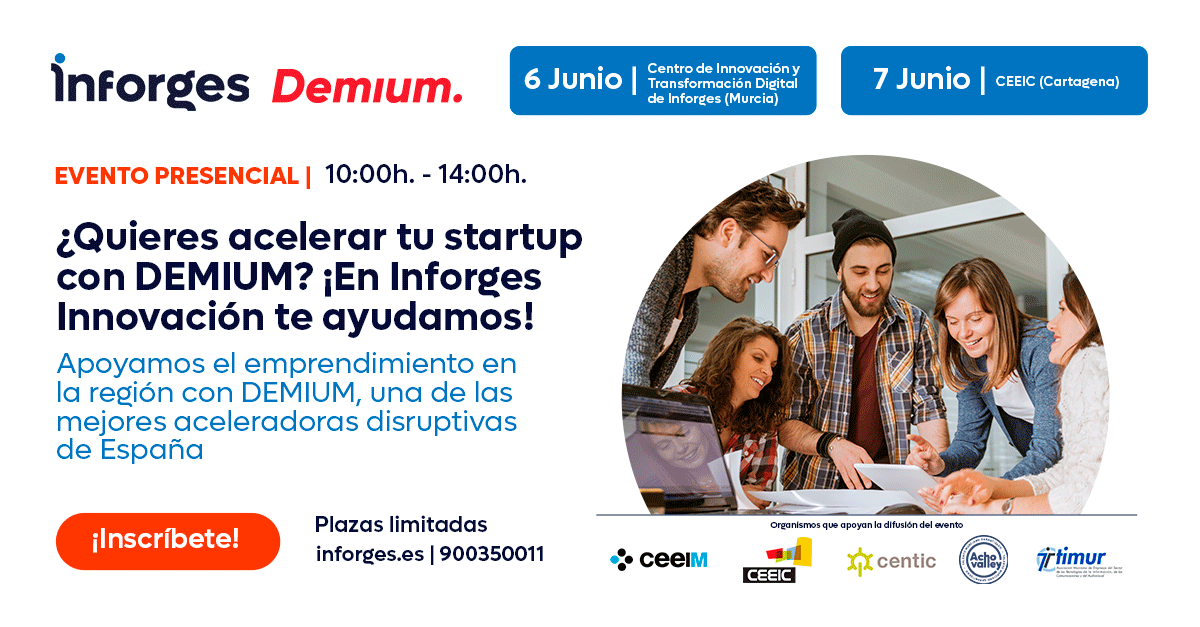 inforges's tweet photo. 💥 6 y 7 de junio EVENTO PRESENCIAL - ¿𝗤𝘂𝗶𝗲𝗿𝗲𝘀 𝗮𝗰𝗲𝗹𝗲𝗿𝗮𝗿 𝘁𝘂 𝘀𝘁𝗮𝗿𝘁𝘂𝗽 𝗰𝗼𝗻 @DemiumStartups? ¡En Inforges Innovación te ayudamos!
¡Elige día y lugar e inscríbete! https://t.co/KfUn31tPbN
#Inforges #Startup #emprendimiento #inversores #demium https://t.co/j4qp8Cn01A