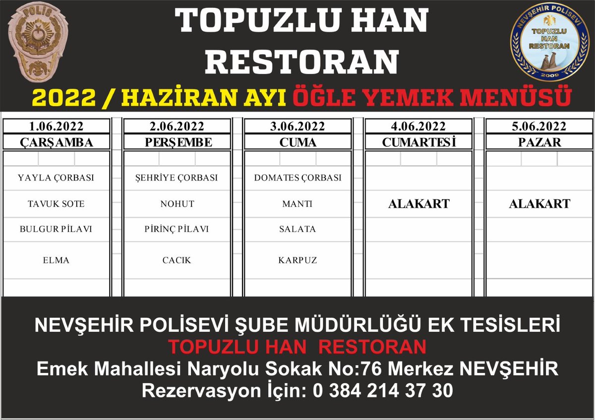 TopuzluHan's tweet photo. Topuzlu Han  Restoran Haziran 2022 Ayı Öğle Yemeği
Menü Ayrıntıları: https://t.co/xcjqzqdytQ

NEVŞEHİR POLİSEVİ ŞUBE M��DÜRLÜĞÜ EK TESİSLERİ
TOPUZLU HAN  RESTORAN
Emek Mahallesi Naryolu Sokak No:76 Merkez NEVŞEHİR
Rezervasyon İçin: 0 384 214 37 30 https://t.co/9wVR3qw7L4