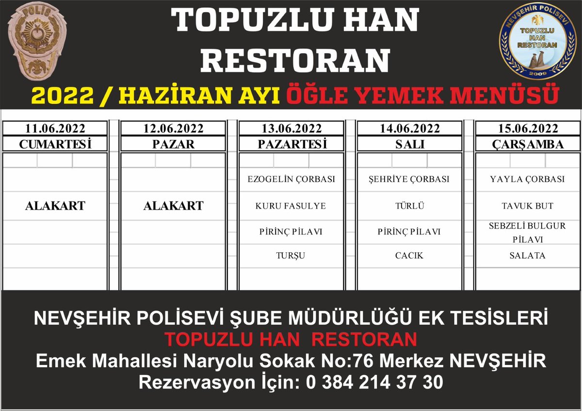 TopuzluHan's tweet photo. Topuzlu Han  Restoran Haziran 2022 Ayı Öğle Yemeği
Menü Ayrıntıları: https://t.co/xcjqzqdytQ

NEVŞEHİR POLİSEVİ ŞUBE M��DÜRLÜĞÜ EK TESİSLERİ
TOPUZLU HAN  RESTORAN
Emek Mahallesi Naryolu Sokak No:76 Merkez NEVŞEHİR
Rezervasyon İçin: 0 384 214 37 30 https://t.co/9wVR3qw7L4