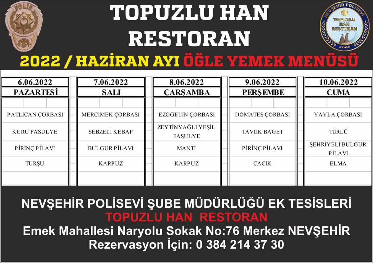 TopuzluHan's tweet photo. Topuzlu Han  Restoran Haziran 2022 Ayı Öğle Yemeği
Menü Ayrıntıları: https://t.co/xcjqzqdytQ

NEVŞEHİR POLİSEVİ ŞUBE M��DÜRLÜĞÜ EK TESİSLERİ
TOPUZLU HAN  RESTORAN
Emek Mahallesi Naryolu Sokak No:76 Merkez NEVŞEHİR
Rezervasyon İçin: 0 384 214 37 30 https://t.co/9wVR3qw7L4