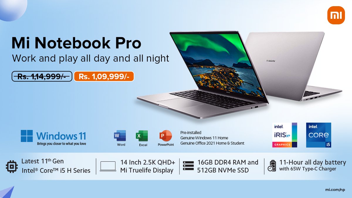 XiaomiNepal's tweet photo. The 11-hour battery backup on the #MiNotebookPro makes sure you don't have to compromise on your work, all day and all night. 

Get yours at all Xiaomi authorized stores across Nepal.
#XiaomiNepal https://t.co/kIeIuuhUJp