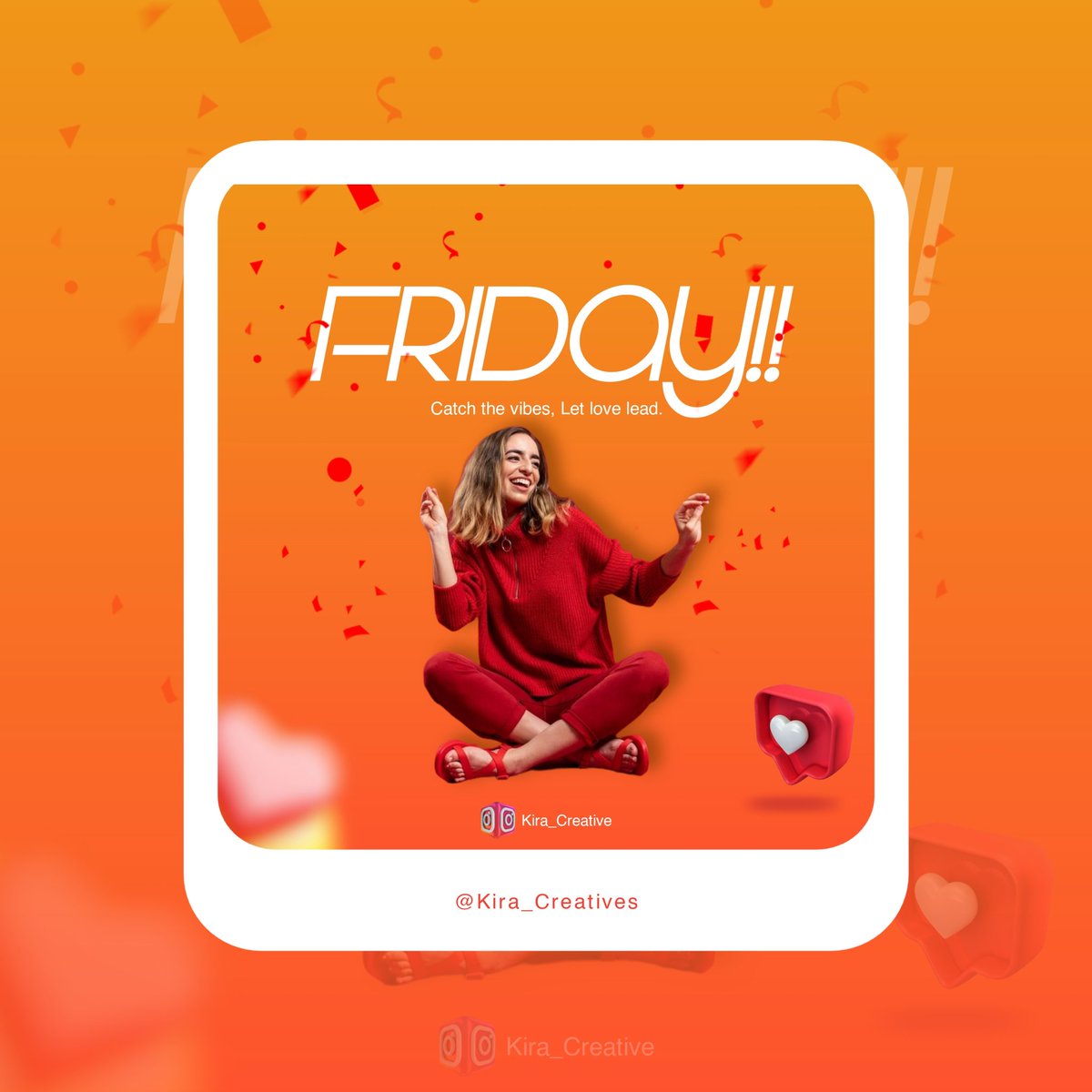 It's Friday ❤️
Catch the vibe and let love lead

#socialmediamarketing #TGIF #socialmediapost #GraphicDesigner #femaledesigner #FridayVibes