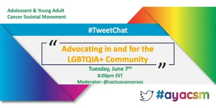 EK_Drake's tweet photo. 🚨 Join us this Tues, June 7 @ 8pm EST for our next #AYACSM (Adolescent &amp; Young Adult Cancer Societal Movement) tweet chat!

🌵 @cactuscancersoc will be guest moderating!

🌈 We will be discussing advocating in and for the LGBTQIA+ community! 

#AYACancer #LGBTQIA #PrideMonth2022 https://t.co/7xVHDb651c