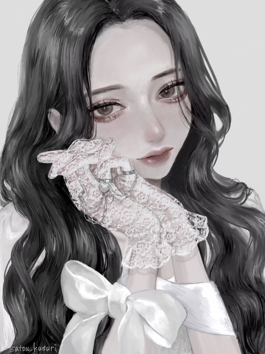 1girl solo long hair gloves black hair looking at viewer lace gloves  illustration images