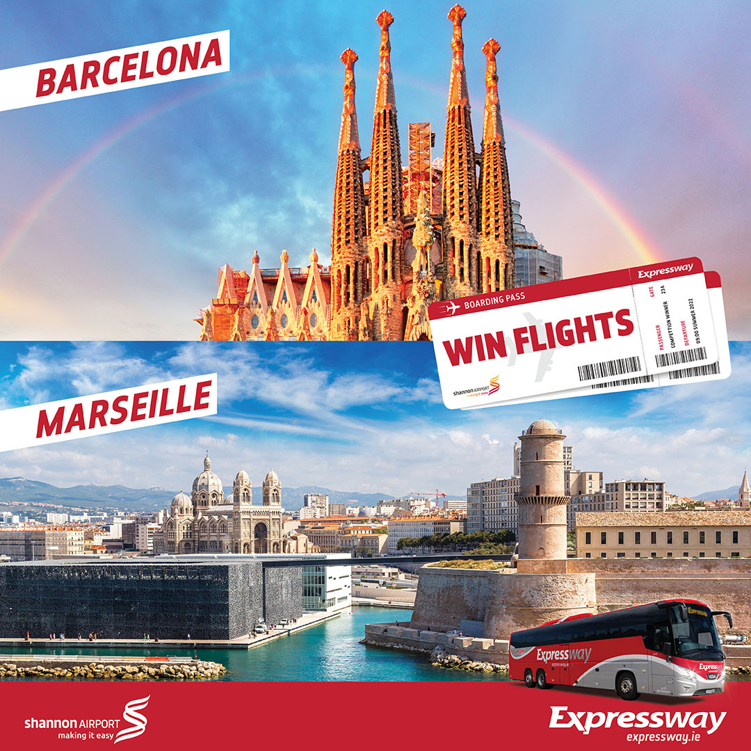 ExpresswayIRE's tweet image. Win return flights to BARCELONA GIRONA or MARSEILLE with thanks to @ShannonAirport ☀️ 🏖 

To enter, simply follow @ExpresswayIRE and @ShannonAirport, retweet this post and leave a comment with your preferred destination! ✈️