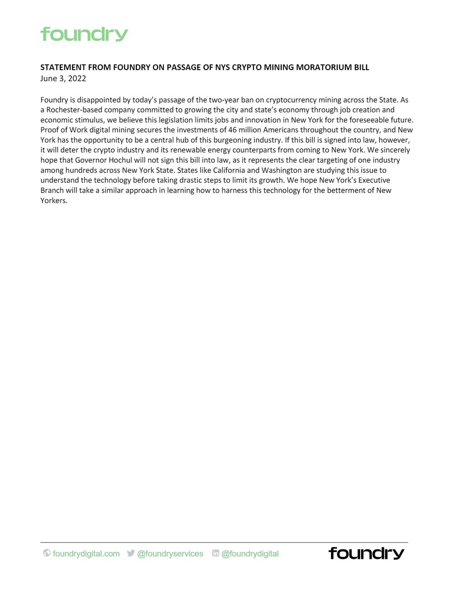 A statement from Foundry on the passage of the NYS Crypto Mining Moratorium  Bill: