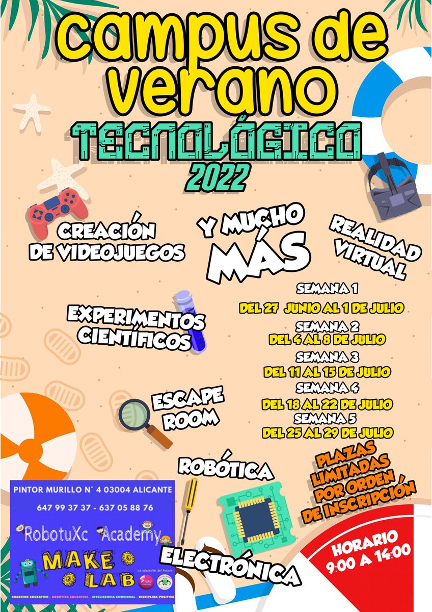 Ya tenemos abiertas las inscripciones al CAMPUS TECNOLÓGICO DE VERANO 2022.Realizaremos actividades de ROBÓTICA EDUCATIVA, DISEÑO DE VIDEOJUEGOS, IMPRESIÓN 3D, EXPERIMENTOS, ELECTRÓNICA, ESCAPE ROOM,REALIDAD VIRTUAL y muchas cosas más...Edades desde 6 a 16 años Plazas limitadas !