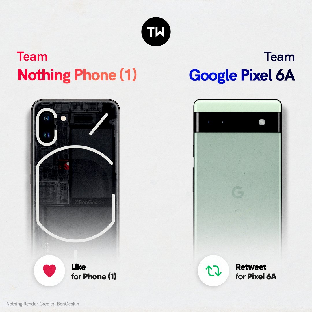 TechWiser's tweet image. Which #smartphone are you most excited about? 🤩
Choose! 🔥

#pixel6 #googlepixel6a #NothingPhone1 #Nothing