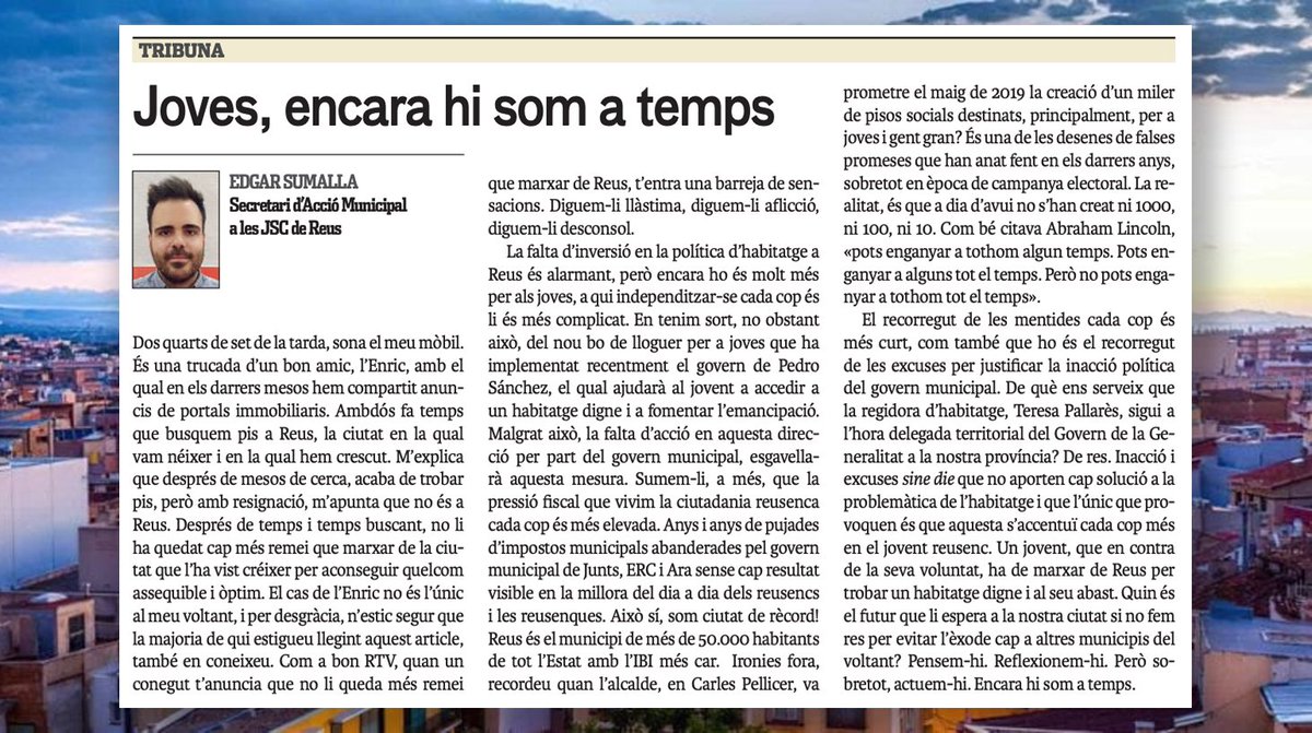 jscreus's tweet photo. "Quin és el futur que li espera a #Reus si no fem res per evitar l’èxode dels #joves cap a altres municipis del voltant? Pensem-hi. Reflexionem-hi. Però sobretot, actuem-hi. Encara hi som a temps."

🗞️ Article d'@EdgarSumalla, avui al @Diari_Mes: https://t.co/Wu5CoG4YNq https://t.co/YvNWiraOZ5