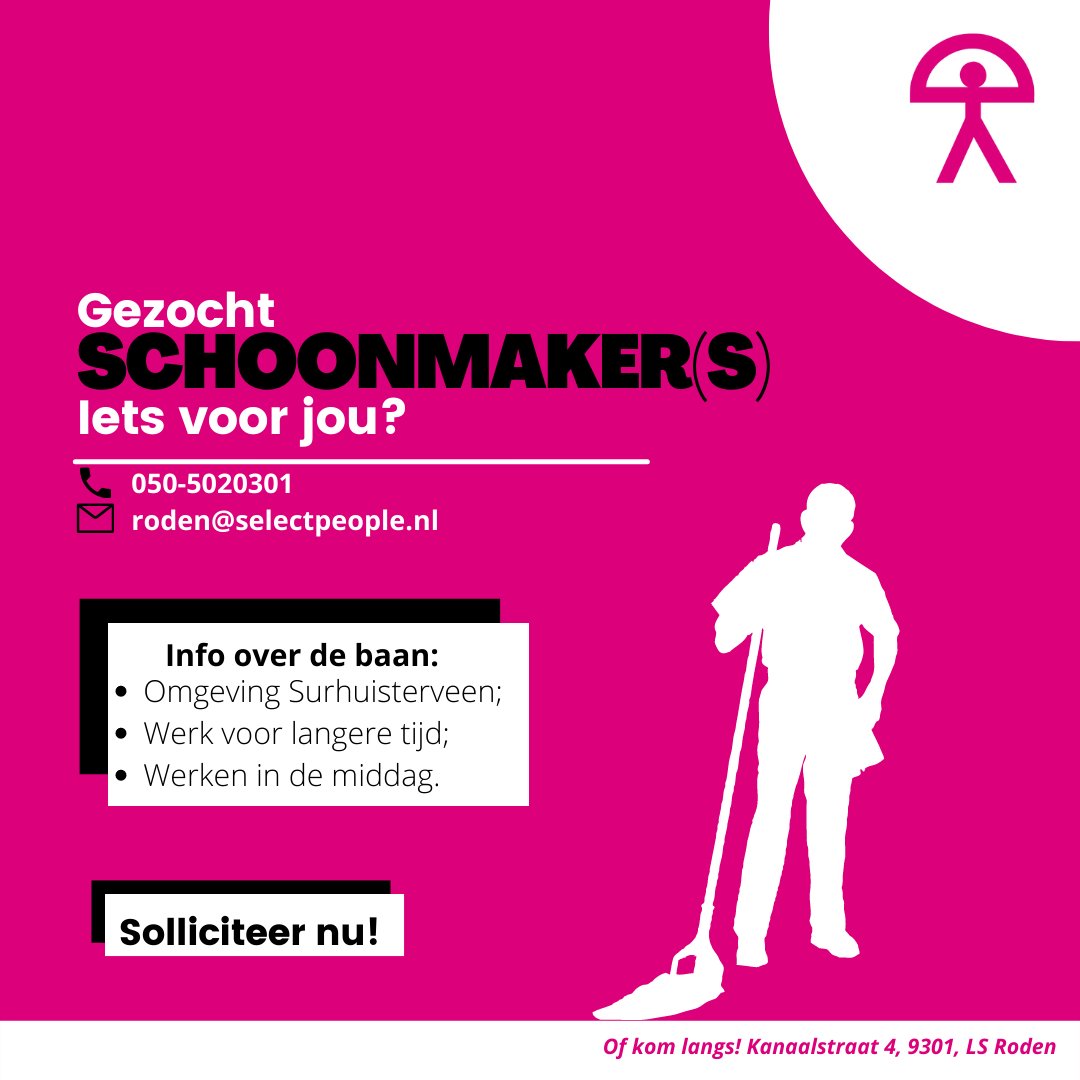 Voor een van onze opdrachtgevers zijn we op
zoek naar één of meerdere schoonmaker(s)💪 (m/v).
Ben jij de schoonmaker (m/v) die we zoeken? Bel dan
050-5020301 of stuur ons een bericht en we komen zo spoedig mogelijk met je in contact!

#werk #vacature