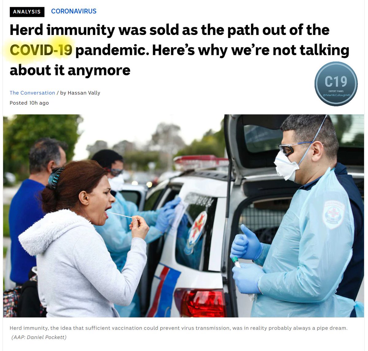 P_McCulloughMD's tweet photo. Herd immunity dropped from propaganda campaign--became apparent mandated products:  1) do not stop transmission, 2) do not stop occurrence of URI, 3) are short-acting, 4) no health value to recovered. Even if everyone takes them--no impact on the pandemic.  Epic global failure. https://t.co/7JNpMUh9zP