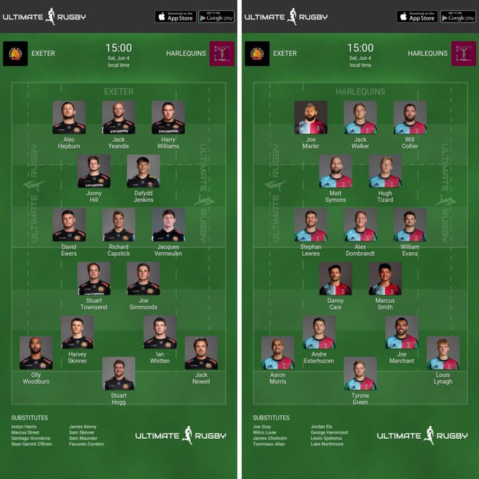 1. Joe Marler  2. Jack Walker  3. Will Collier  4. Matt Symons  5. Hugh Tizard  6. Stephan Lewies – Captain  7. Will Evans  8. Alex Dombrandt  9. Danny Care  10. Marcus Smith  11. Aaron Morris  12. Andre Esterhuizen  13. Joe Marchant  14. Louis Lynagh  15. Tyrone Green  Impact Players  16. Joe Gray  17. Jordan Els  18. Wilco Louw  19. George Hammond  20. James Chisholm  21. Lewis Gjaltema  22. Tommy Allan  23. Luke Northmore Exeter Chiefs: 15 Stuart Hogg; 14 Jack Nowell; 13 Ian Whitten; 12 Harvey Skinner; 11 Olly Woodburn; 10 Joe Simmonds; 9 Stu Townsend; 1 Alec Hepburn; 2 Jack Yeandle (capt); 3 Harry Williams; 4 Jonny Gray; 5 Dafydd Jenkins; 6 Dave Ewers; 7 Jacques Vermeulen; 8 Richard Capstick  Replacements: 16 Iestyn Harris, 17 James Kenny, 18 Marcus Street, 19 Sam Skinner, 20 Santiago Grondona, 21 Sam Maunder, 22 Sean O'Brien, 23 Facundo Cordero