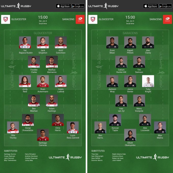 Gloucester Rugby: 15. Santiago Carreras; 14. Louis Rees-Zammit; 13. Chris Harris; 12. Giorgi Kveseladze; 11. Ollie Thorley; 10. Adam Hastings; 9. Ben Meehan; 1. Val Rapava-Ruskin; 2. Jack Singleton; 3. Kirill Gotovtsev; 4. Freddie Clarke; 5. Matias Alemanno;6. Jordy Reid; 7. Lewis Ludlow ©; 8. Ruan Ackermann  Replacements: 16. Santiago Socino; 17. Harry Elrington; 18. Fraser Balmain; 19. Andrew Davidson; 20. Jack Clement; 21. Charlie Chapman; 22. Billy Twelvetrees; 23. Jonny MaySaracens Men team to play Gloucester: 15 Elliott Obatoyinbo; 14 Max Malins; 13 Alex Lozowski; 12 Duncan Taylor; 11 Ben Harris; 10 Manu Vunipola; 9 Ivan van Zyl; 1 Eroni Mawi; 2 Kapeli Pifeleti ; 3 Alec Clarey; 4 Callum Hunter-Hill ; 5 Tim Swinson ; 6 Jackson Wray (c); 7 Toby Knight; 8 Janco Venter  Replacements: 16 Theo Dan; 17 Ralph Adams-Hale; 18 Sam Wainwright; 19 Cameron Boon ; 20 Sean Reffell; 21 Ruben de Haas; 22 Dom Morris; 23 Josh Hallett