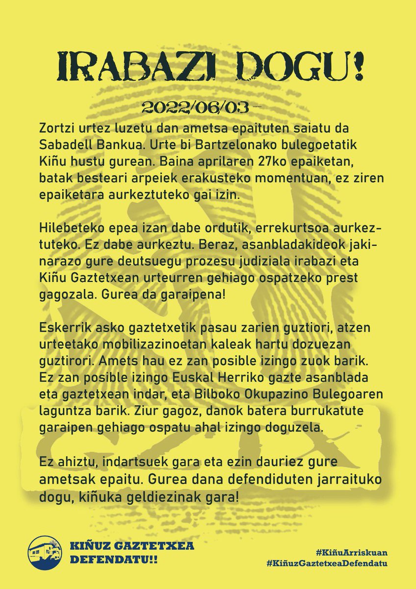 🚨ADI!

Gatazka luze baten ostean…

✊IRABAZI DOGU! #FCKSabadell

Kiñuka geldiezinak gara!

youtu.be/QzNj-uenQHY
