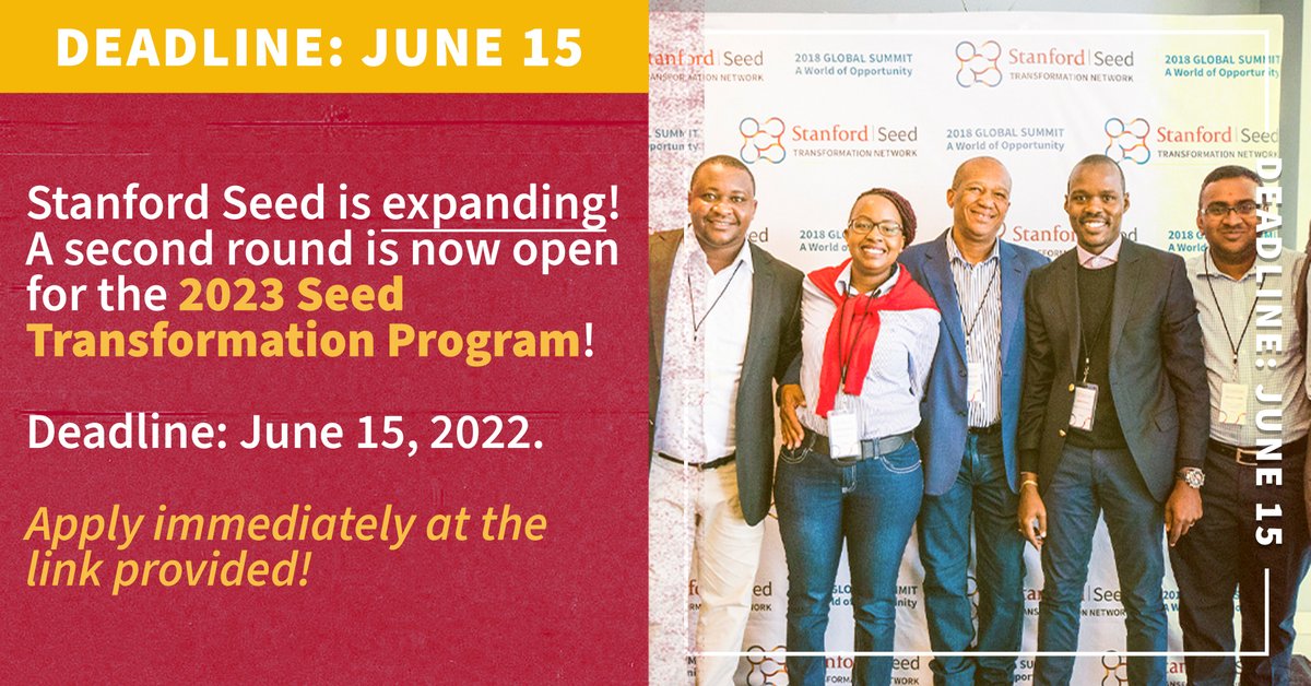 StanfordSeed's tweet photo. Stanford Seed is expanding the cohort size of the 2023 Seed Transformation Program!

Admissions are rolling, so apply early at: https://t.co/eMfXE2xMbR https://t.co/2wrzisG6ny